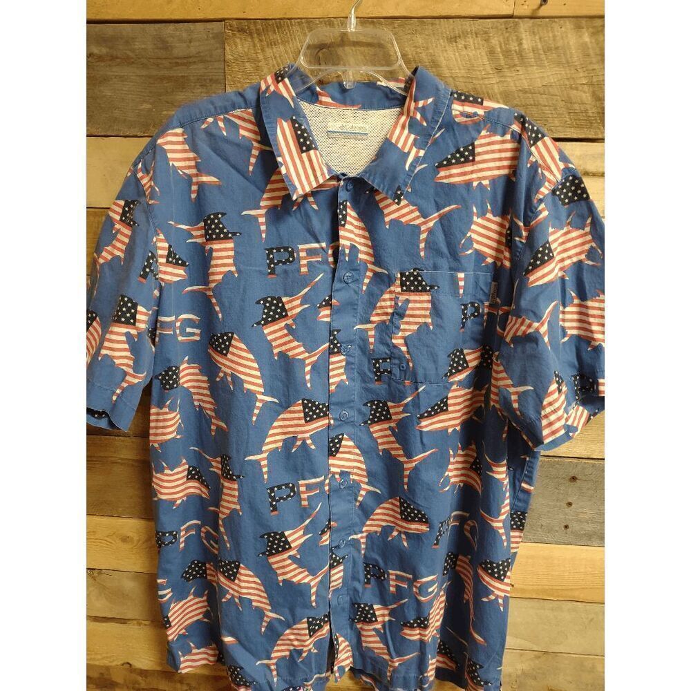 Columbia PFG Men's XL American Flag Fish Fishing Shirt 100% Cotton